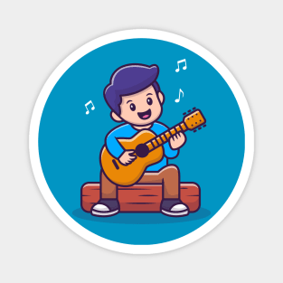 Cute Boy Playing Guitar Cartoon Magnet